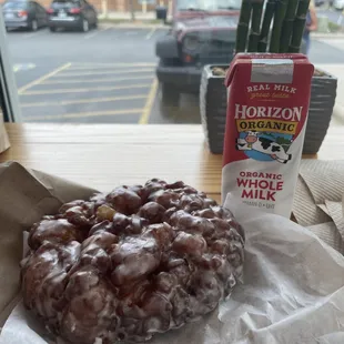 apple fritter and a milk