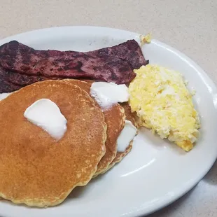 Turkey bacon, pancakes, and scramble