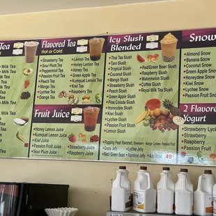 Menu for milk tea and other drinks
