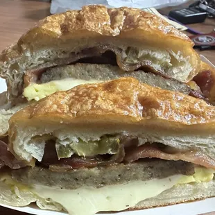 Sausage, egg and cheese croissant. Added bacon and jalapeños