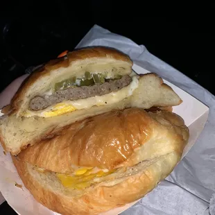 Sausage breakfast croissant with jalapeño added