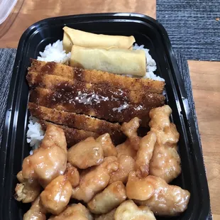 Orange chicken, chicken katsu, spring rolls and rice. Lots of food for $10.99!