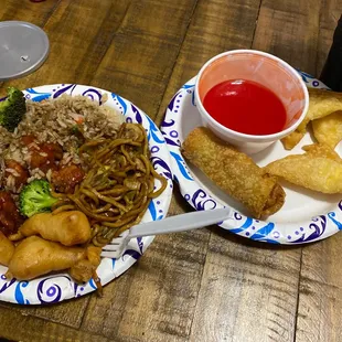 Sesame chicken. Sweet n sour chicken. Low mein. Fried rice. Wontons and egg roll