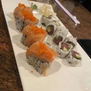 Little Tokyo Special Roll Krab, avocado &amp; shrimp, topped w.salmon, served w.ponzu sauce &amp; fish egg  And  Tuna avocado roll