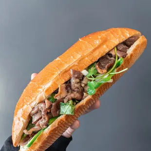 a hand holding a sub sandwich