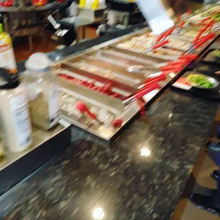 Veggies, meat, chicken and seafood.