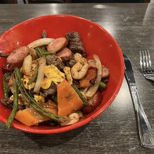 Beef, shrimp and one egg bowl