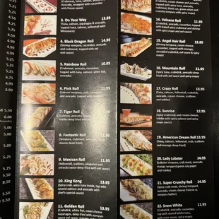 sushi and sashimi, menu