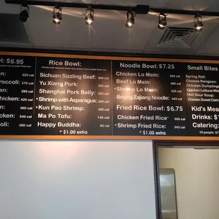 Menu with prices and calories