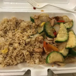 YUM! Sichuan chicken with fried rice. It's a little spicy but they'll tone it down if you ask. Highly recommend it with fried rice