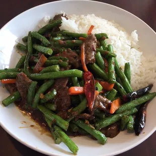 Sichuan Spicy String Bean bowl (beef added).  Fresh and delicious!