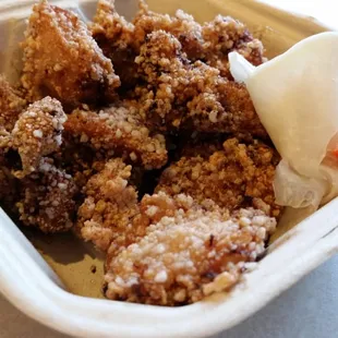 popcorn chicken with pickled daikon and carrots. yum!