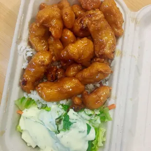 Orange chicken with rice and a chop chop salad. Great glaze!