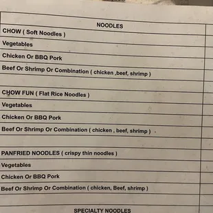 Noodles menu