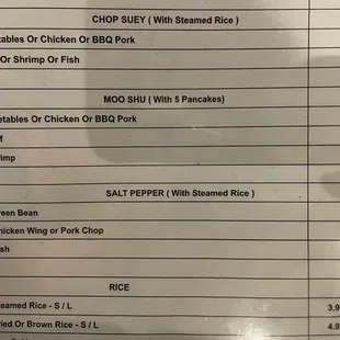 Moo shu, chop suet, and salt &amp; pepper menu