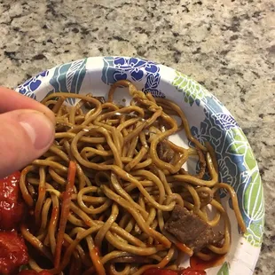 a plate of noodles and meat