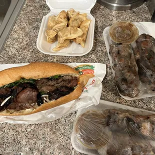 Pork Bahn mi, pork spring rolls, potstickers!