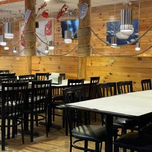 tables and chairs in a restaurant