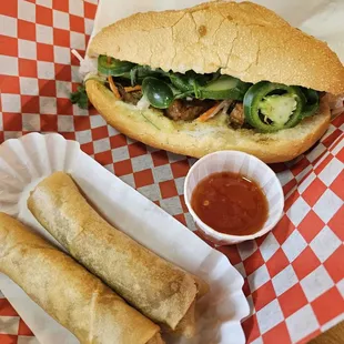 Combo meal with Banh mi, egg rolls and bubble tea (not pictured). Both so good.