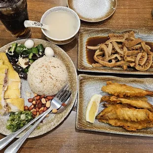 Signature Hainan Chicken Over Rice (3 stars), Five Spice Tripe (3 stars), and Fried Capelin (5 stars) and Lemon Coke (3 stars)