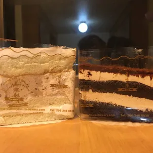 Chestnut cake on the left and tiramisu cheesecake on the right