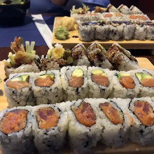 Spicy tune, salmon avocado, and shrimp tempura roll
