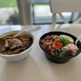 Black Garlic Ramen (left) and Poke Blend Bowl (right)