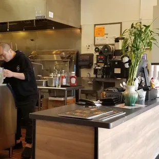 The counter and kitchen