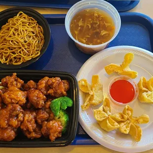 General Tso with lomain, crab Rangoon, hot sour soup, and pork egg roll (not in pic)