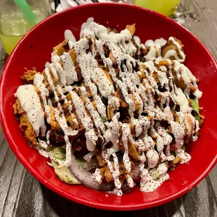 a plate of food with dressing