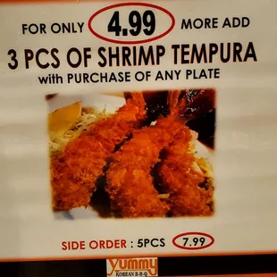 ows the price of shrimp tempura