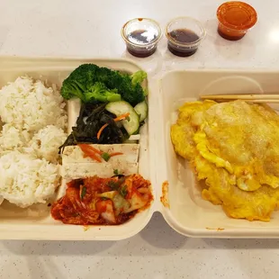 Fish jun, kimchee, tofu, seaweed, and broccoli for $17.75