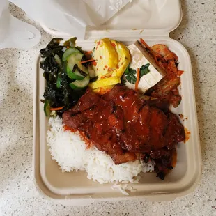 Spicy chicken special with 4 banchan, 2 scoops of rice, and plenty of BBQ chicken