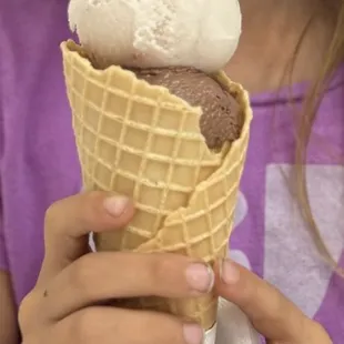 Fresh strawberry and chocolate ice cream cone, kid can&apos;t wait to come back here!