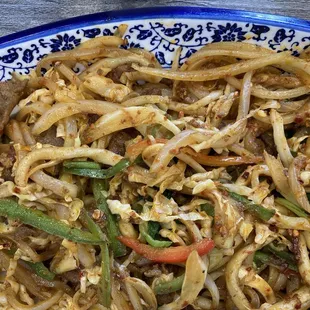 cumin beef stir fried with pulled noodles