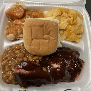 Rib tips and beans (pictured with Yummy yams and Mac &amp; cheese, dinner roll)