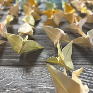 a lot of origami paper cranes