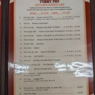 Pho Menu