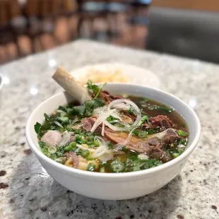 Pho with beef ribs, fat brisket, &amp; beef balls (phở sườn bò, gầu, &amp; bò viên)