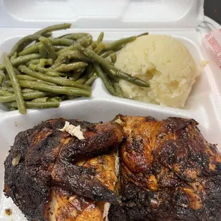 1/2 white chicken with green beans and mashed potatoes