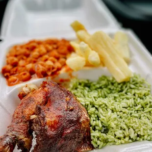 a meal in a styrofoam container