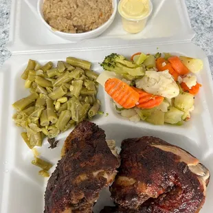 half chicken, green beans, veggies, and fried rice