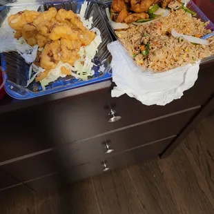 Fried calamari and crispy pepper pork with fried rice