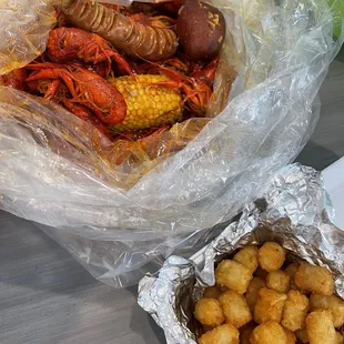 Crawfish, corn, potato, sausage &amp; tater tots