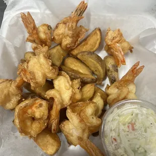 fried shrimp and potato wedges