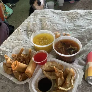 Egg Drop Soup, Hot and Sour Soup, Egg Roll, Gyoza, Crab Cheese Wonton