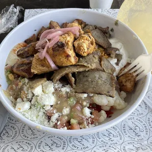 Chicken kabob bowl with lamb added