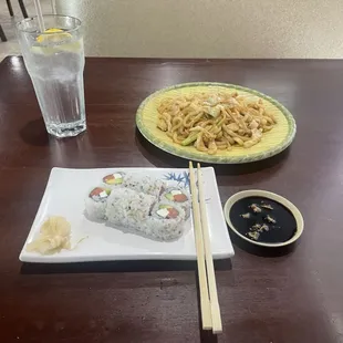 Philadelphia roll (bottom) &amp; chicken yaki udon (top)