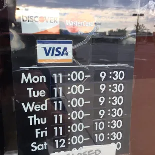 New hours of operation, closed on Sunday now.