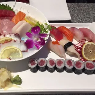 The yummy sushi combo: sashimi, nigiri, and a salmon roll